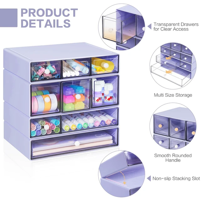 Alt view image 4 of 7 - Desk Storage Organizer with 9 Drawers, 4 Tiers Stackable Desktop Craft Storage Drawers, Clear Storage Box Caddy for Stationary Makeup Jewelry Office Craft Supplies (Purple)