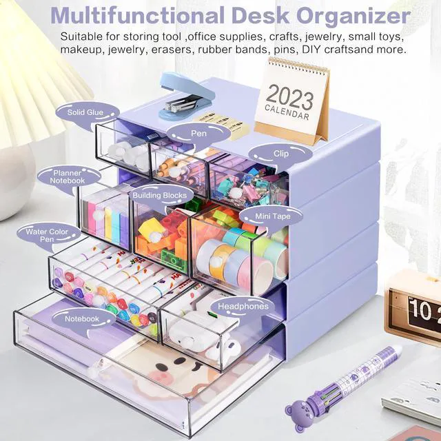 Alt view image 5 of 7 - Desk Storage Organizer with 9 Drawers, 4 Tiers Stackable Desktop Craft Storage Drawers, Clear Storage Box Caddy for Stationary Makeup Jewelry Office Craft Supplies (Purple)