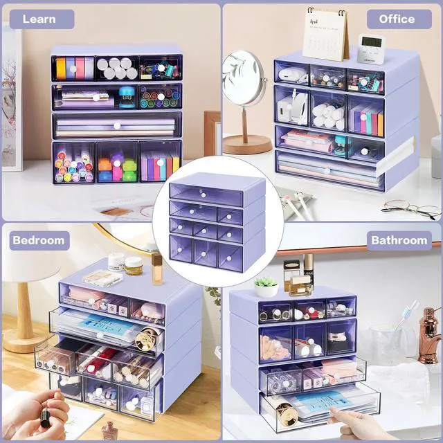 Alt view image 6 of 7 - Desk Storage Organizer with 9 Drawers, 4 Tiers Stackable Desktop Craft Storage Drawers, Clear Storage Box Caddy for Stationary Makeup Jewelry Office Craft Supplies (Purple)