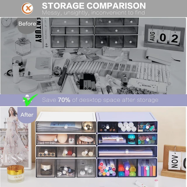 Alt view image 7 of 7 - Desk Storage Organizer with 9 Drawers, 4 Tiers Stackable Desktop Craft Storage Drawers, Clear Storage Box Caddy for Stationary Makeup Jewelry Office Craft Supplies (Purple)