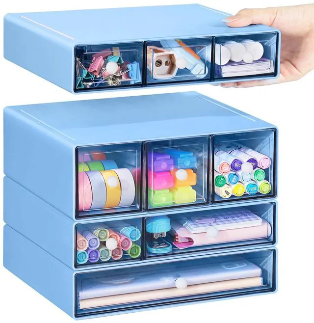 Main image of Desk Storage Organizer with 9 Drawers, 4 Tiers Stackable Desktop Craft Storage Drawers, Clear Storage Box Caddy for Stationary Makeup Jewelry Office Craft Supplies (Blue)
