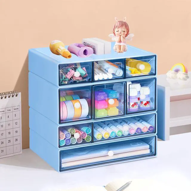 Alt view image 2 of 7 - Desk Storage Organizer with 9 Drawers, 4 Tiers Stackable Desktop Craft Storage Drawers, Clear Storage Box Caddy for Stationary Makeup Jewelry Office Craft Supplies (Blue)