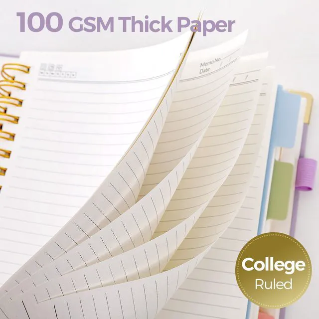 Alt view image 5 of 7 - 5 Subject Notebook with Dividers and Tabs, 8" x 10" College Ruled Notebook for Work, 300 Pages Spiral Journal for Women, Purple