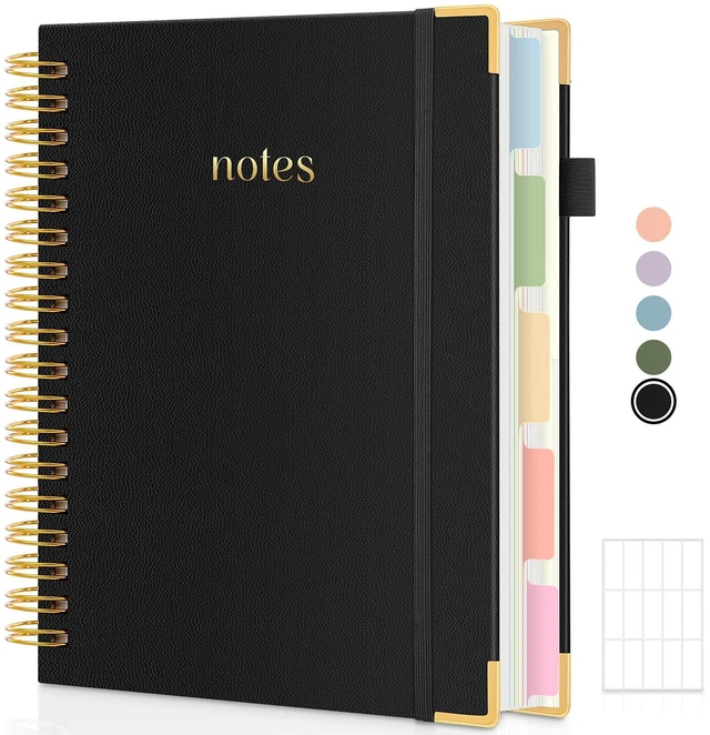 Main image of 5 Subject Notebook with Dividers and Tabs, 8" x 10" College Ruled Notebook for Work, 300 Pages Spiral Journal for Women, Black