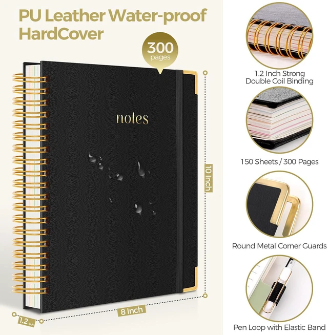 Alt view image 2 of 7 - 5 Subject Notebook with Dividers and Tabs, 8" x 10" College Ruled Notebook for Work, 300 Pages Spiral Journal for Women, Black