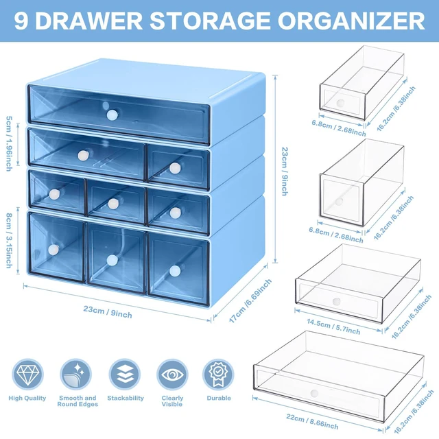 Alt view image 3 of 7 - Desk Storage Organizer with 9 Drawers, 4 Tiers Stackable Desktop Craft Storage Drawers, Clear Storage Box Caddy for Stationary Makeup Jewelry Office Craft Supplies (Blue)