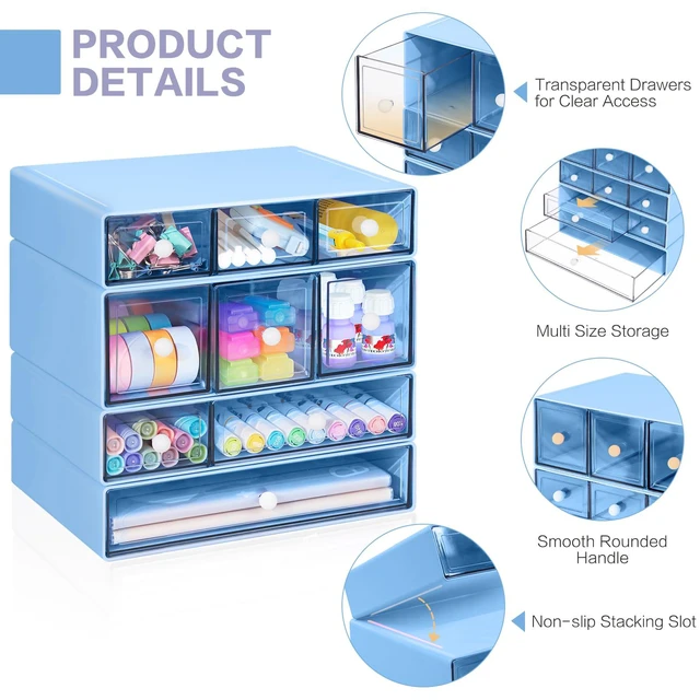 Alt view image 4 of 7 - Desk Storage Organizer with 9 Drawers, 4 Tiers Stackable Desktop Craft Storage Drawers, Clear Storage Box Caddy for Stationary Makeup Jewelry Office Craft Supplies (Blue)