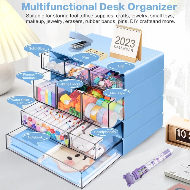 Alt view image 5 of 7 - Desk Storage Organizer with 9 Drawers, 4 Tiers Stackable Desktop Craft Storage Drawers, Clear Storage Box Caddy for Stationary Makeup Jewelry Office Craft Supplies (Blue)