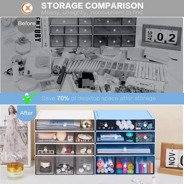Alt view image 6 of 7 - Desk Storage Organizer with 9 Drawers, 4 Tiers Stackable Desktop Craft Storage Drawers, Clear Storage Box Caddy for Stationary Makeup Jewelry Office Craft Supplies (Blue)