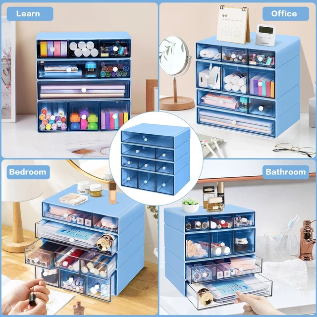Alt view image 7 of 7 - Desk Storage Organizer with 9 Drawers, 4 Tiers Stackable Desktop Craft Storage Drawers, Clear Storage Box Caddy for Stationary Makeup Jewelry Office Craft Supplies (Blue)