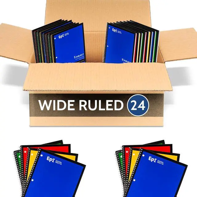 Main image of Spiral Notebook | 5 Subject - Wide Ruled - 180 Sheets, Durable Spiral Binding | 10.5 x 8 in | Classroom Supplies | School, Office, Note Taking, Journaling - 24 Pack