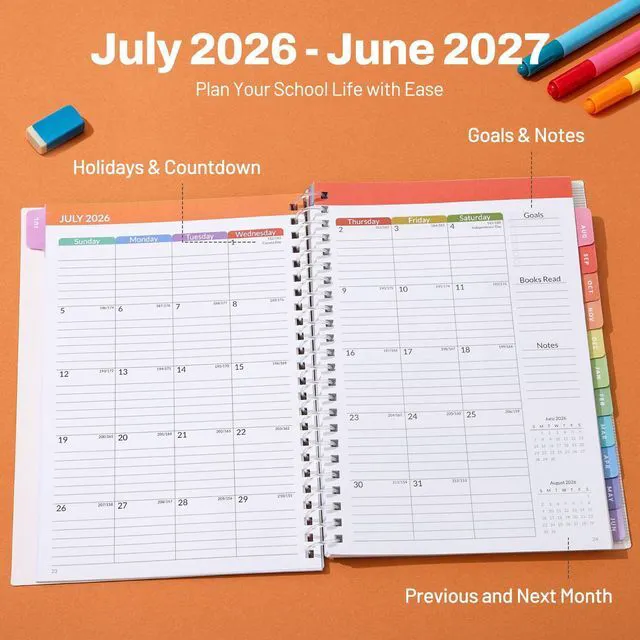 Alt view image 2 of 7 - Elementary Student Planner 2026-2027, Dated Academic Year Jul. 2026 - Jun. 2027, 6.5"×8.3" School Planner for Kids, Datebooks Weekly & Monthly Plan Book with Bookmark/Monthly Tabs, Solar System