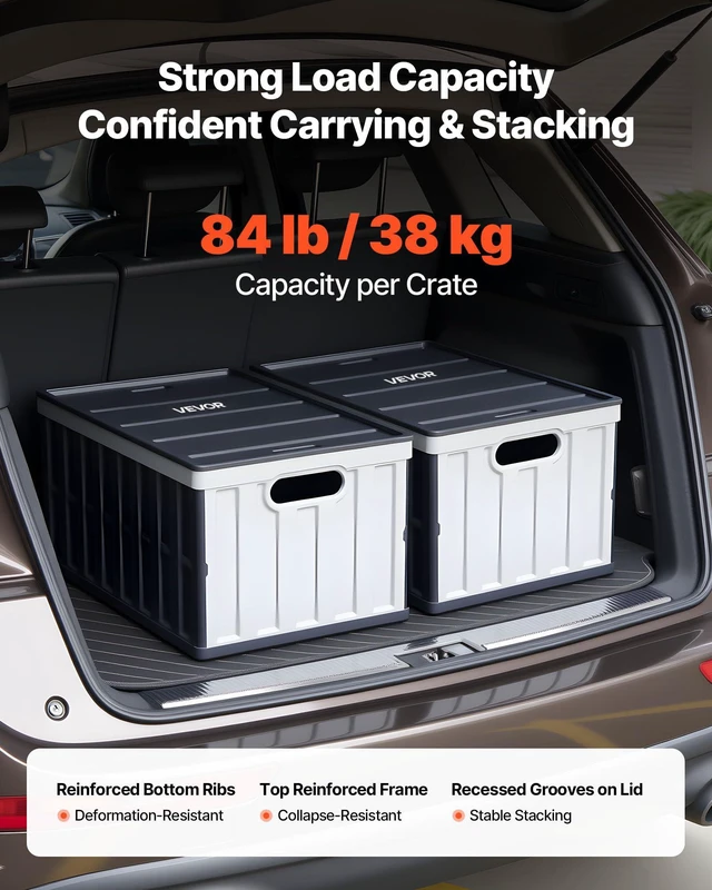 Alt view image 3 of 7 - Plastic Collapsible Storage Bins with Lids, 65L 2 Packs, Stackable Folding Storage Crates with Handles, Holds 84 lbs Per Bin, Heavy Duty Containers, Space-Saving Baskets, for Home Organizing