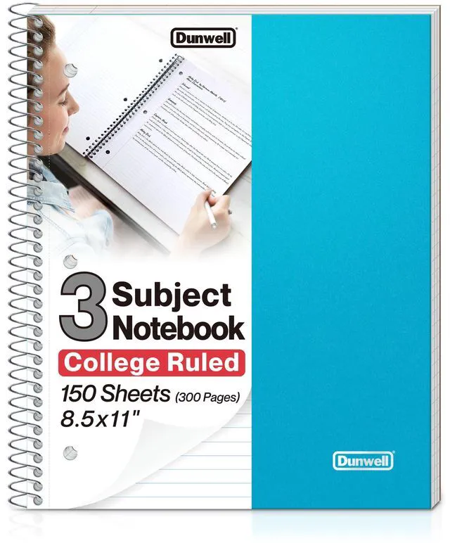 Main image of 3-Subject Spiral Notebook, College Ruled, 150 Sheets, Blue 3 Subject Sections, College Ruled Pages, Durable Plastic Cover, Storage Pocket Dividers, 3-Hole Punched