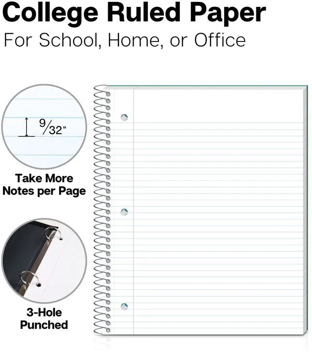 Alt view image 2 of 7 - 3-Subject Spiral Notebook, College Ruled, 150 Sheets, Blue 3 Subject Sections, College Ruled Pages, Durable Plastic Cover, Storage Pocket Dividers, 3-Hole Punched