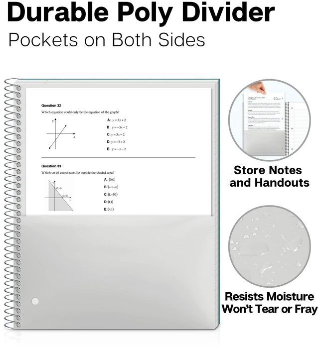 Alt view image 5 of 7 - 3-Subject Spiral Notebook, College Ruled, 150 Sheets, Blue 3 Subject Sections, College Ruled Pages, Durable Plastic Cover, Storage Pocket Dividers, 3-Hole Punched