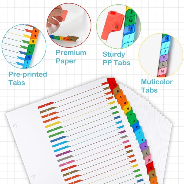 Alt view image 3 of 7 - Alphabet Binder Dividers for 3 Ring Binder, A-Z Dividers for 3 Ring Binder Multicolor A-Z Binder Dividers with Customizable Table of Contents Page, ABC Alphabet Tabs for School Office