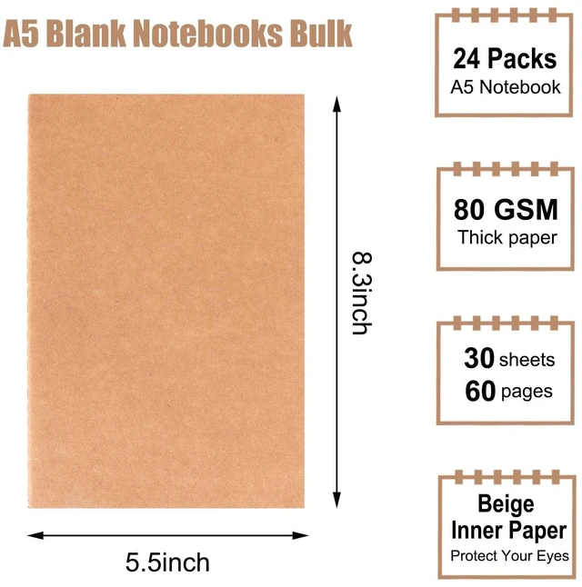 Alt view image 2 of 7 - 24 Pack Blank Kraft Notebooks, A5 Journals Notebook Bulk, Unlined Paper Sketchbooks, 8.3x5.5in 60 Pages Travel Journal Set for Journaling, Student, Kids, Writing