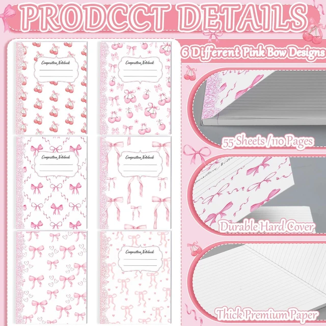 Alt view image 5 of 7 - 6 Pack Light Pink Composition Notebook College Ruled Back to School Supplies 110 Pages Note Taking, 9-3/4 x 7-1/2"Inch Size, Preppy Aesthetic Design, Cute Journal Office Use