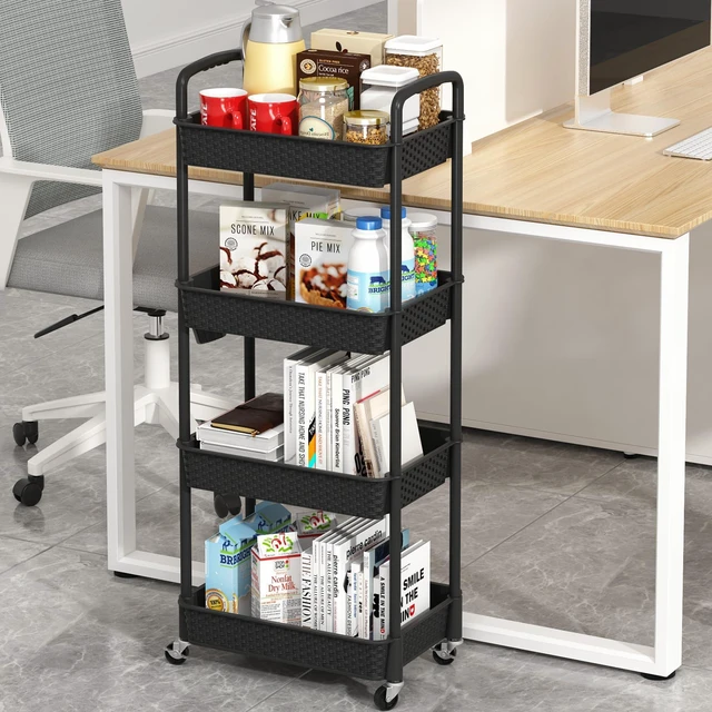 Alt view image 2 of 7 - 4-Tier Plastic Rolling Utility Cart with Handle, Black Utility Storage Cart for Office, Living Room, Kitchen,Movable Storage OrganizerEasy installationRattan-like art design