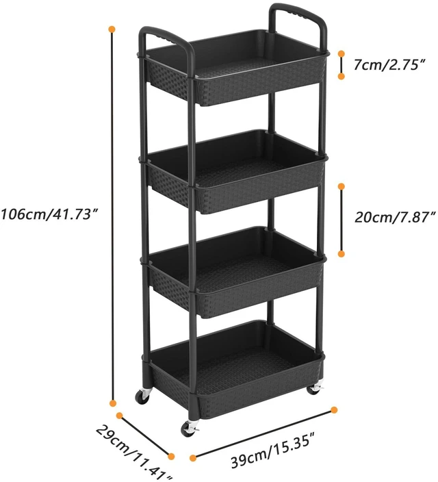 Alt view image 3 of 7 - 4-Tier Plastic Rolling Utility Cart with Handle, Black Utility Storage Cart for Office, Living Room, Kitchen,Movable Storage OrganizerEasy installationRattan-like art design