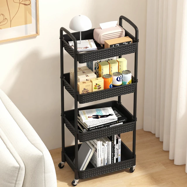 Alt view image 4 of 7 - 4-Tier Plastic Rolling Utility Cart with Handle, Black Utility Storage Cart for Office, Living Room, Kitchen,Movable Storage OrganizerEasy installationRattan-like art design