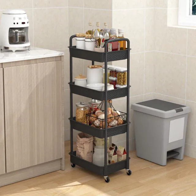 Alt view image 6 of 7 - 4-Tier Plastic Rolling Utility Cart with Handle, Black Utility Storage Cart for Office, Living Room, Kitchen,Movable Storage OrganizerEasy installationRattan-like art design