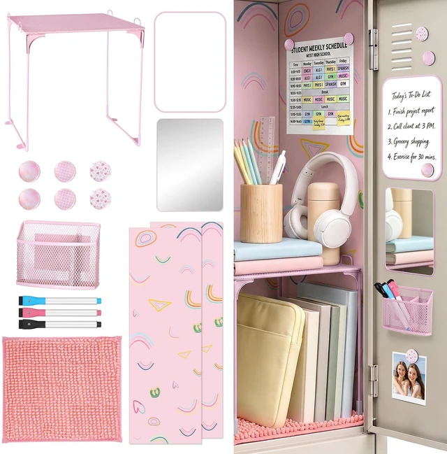 Main image of 16 Pcs Locker Accessories Pink Locker Organizer & Decorations Locker Shelf, Rug, Magnetic Wallpaper, Locker Mirror, Whiteboard, Pen Holder, Markers, Magnets, Back-to-School Essentials