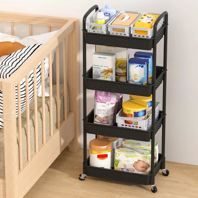 Alt view image 7 of 7 - 4-Tier Plastic Rolling Utility Cart with Handle, Black Utility Storage Cart for Office, Living Room, Kitchen,Movable Storage OrganizerEasy installationRattan-like art design