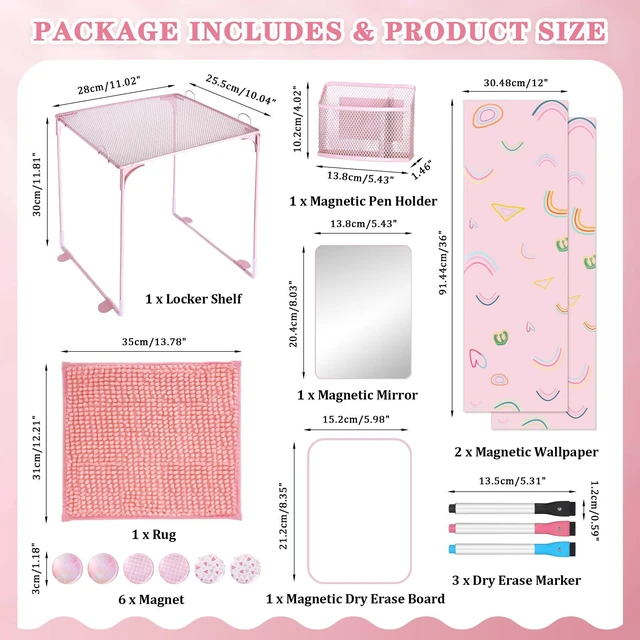 Alt view image 2 of 6 - 16 Pcs Locker Accessories Pink Locker Organizer & Decorations Locker Shelf, Rug, Magnetic Wallpaper, Locker Mirror, Whiteboard, Pen Holder, Markers, Magnets, Back-to-School Essentials
