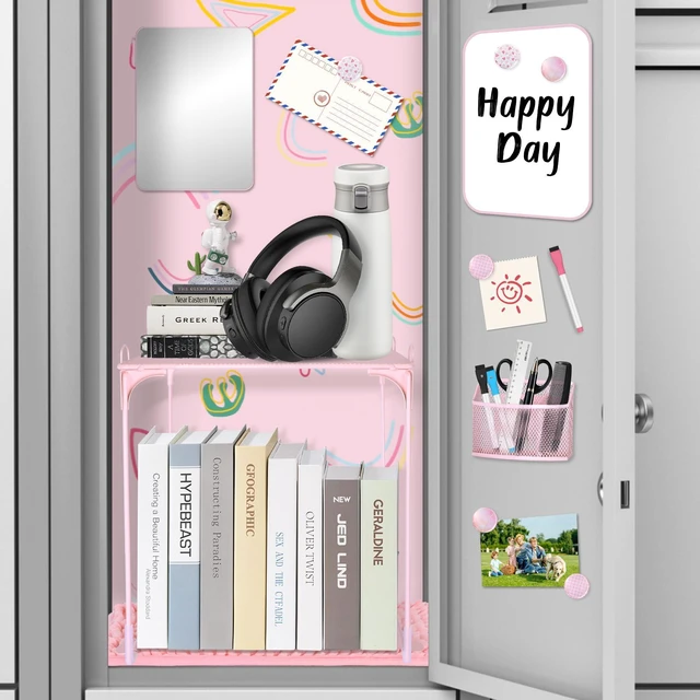 Alt view image 3 of 6 - 16 Pcs Locker Accessories Pink Locker Organizer & Decorations Locker Shelf, Rug, Magnetic Wallpaper, Locker Mirror, Whiteboard, Pen Holder, Markers, Magnets, Back-to-School Essentials