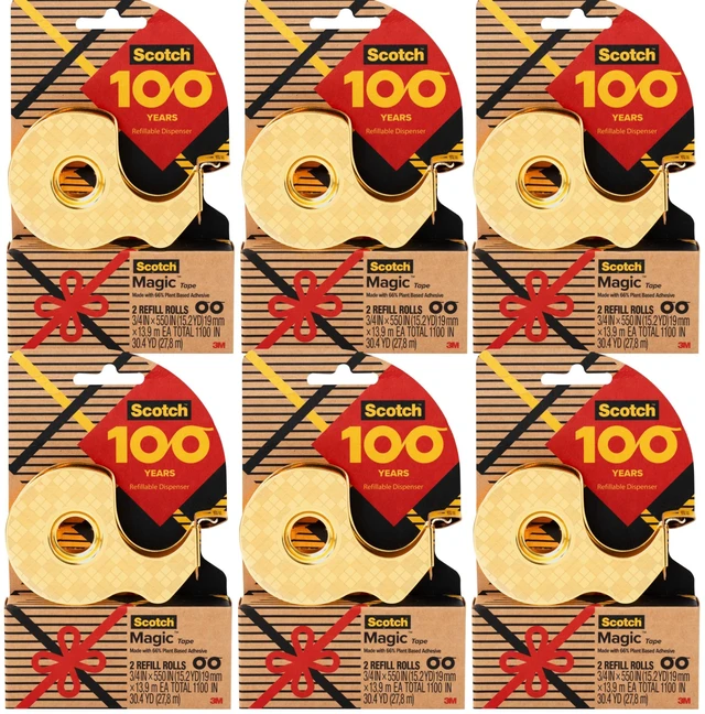 Main image of 100-Year Anniversary Limited Edition Gold Tape Dispensers, Includes 12 Rolls of Magic Tape (3/4 in x 550 in, 66% Plant-Based Adhesive), Refillable, 6 Dispenser Pack