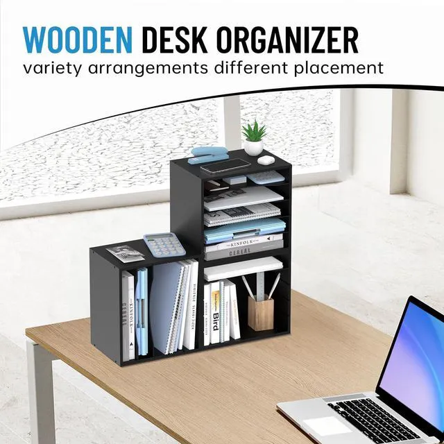 Alt view image 2 of 7 - 5-Tier Wood Desk Organizer, Paper Tray Organizer for Desk with Adjustable Storage Shelves, Desktop File Organization Paper Sorter Mail Holder for Office Home Classroom, Black (Pack of 2)