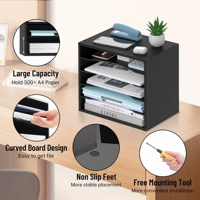 Alt view image 5 of 7 - 5-Tier Wood Desk Organizer, Paper Tray Organizer for Desk with Adjustable Storage Shelves, Desktop File Organization Paper Sorter Mail Holder for Office Home Classroom, Black (Pack of 2)