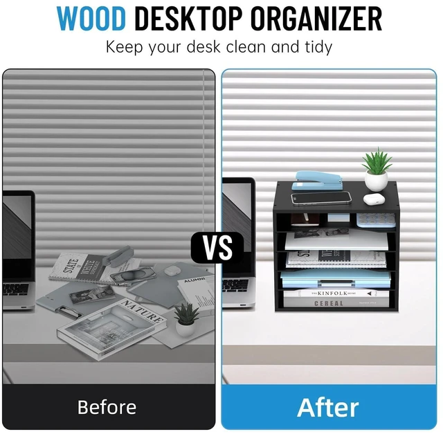 Alt view image 6 of 7 - 5-Tier Wood Desk Organizer, Paper Tray Organizer for Desk with Adjustable Storage Shelves, Desktop File Organization Paper Sorter Mail Holder for Office Home Classroom, Black (Pack of 2)