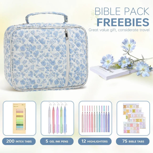 Alt view image 2 of 7 - Bible Bag Cover Case for Women Study Supplies Kit Church Book Holder Bible Study Supplies w/ Tabs Pens Portable Church Book Quilted Large Carrying Case Christian Gifts for Women Girls