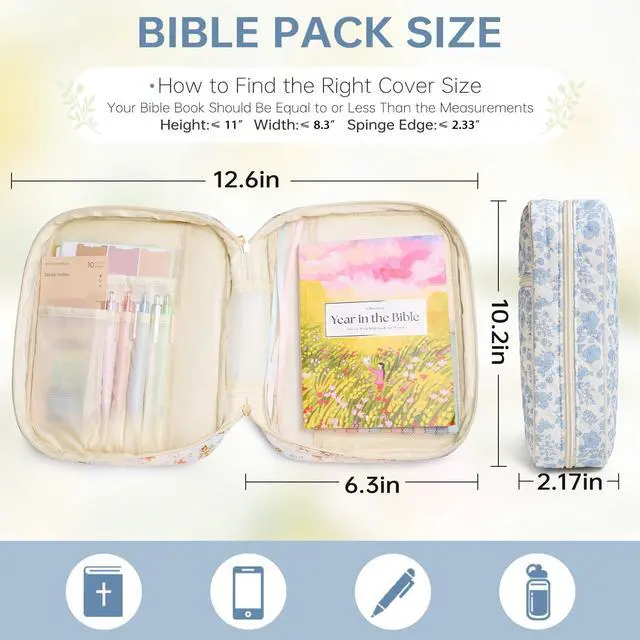 Alt view image 3 of 7 - Bible Bag Cover Case for Women Study Supplies Kit Church Book Holder Bible Study Supplies w/ Tabs Pens Portable Church Book Quilted Large Carrying Case Christian Gifts for Women Girls