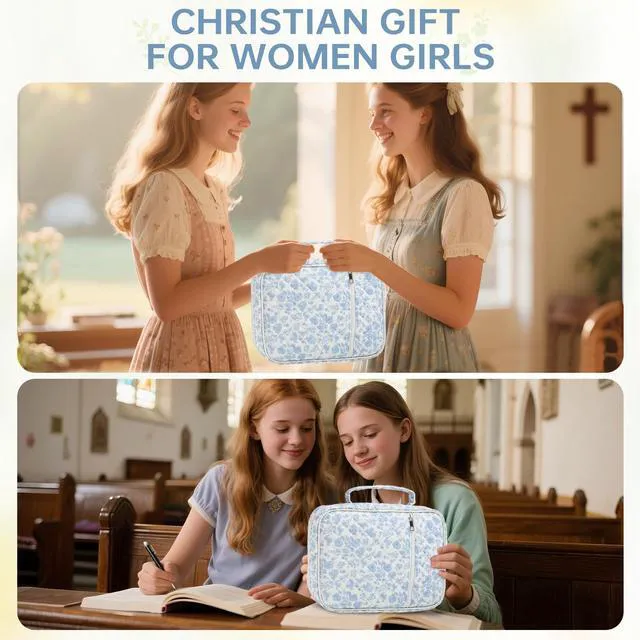Alt view image 7 of 7 - Bible Bag Cover Case for Women Study Supplies Kit Church Book Holder Bible Study Supplies w/ Tabs Pens Portable Church Book Quilted Large Carrying Case Christian Gifts for Women Girls
