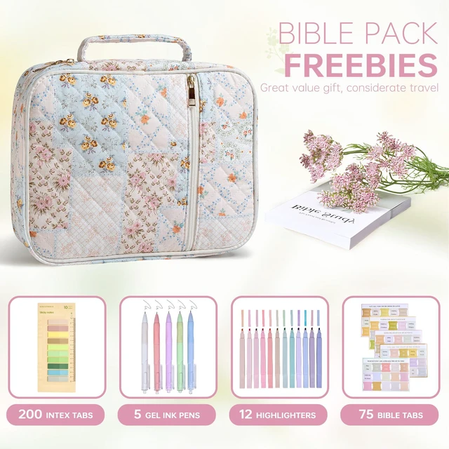 Alt view image 2 of 6 - Bible Bag Cover Case for Women Study Supplies Kit Church Book Holder Bible Study Supplies w/ Tabs Pens Portable Church Book Quilted Large Carrying Case Christian Gifts for Women Girls