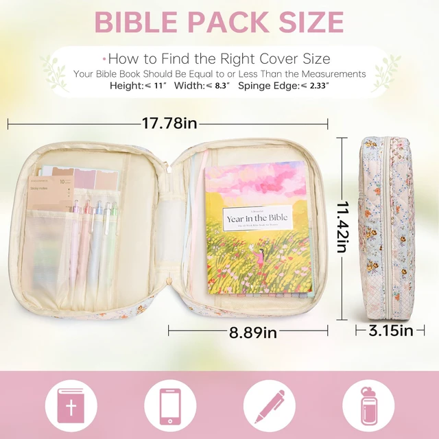 Alt view image 3 of 6 - Bible Bag Cover Case for Women Study Supplies Kit Church Book Holder Bible Study Supplies w/ Tabs Pens Portable Church Book Quilted Large Carrying Case Christian Gifts for Women Girls