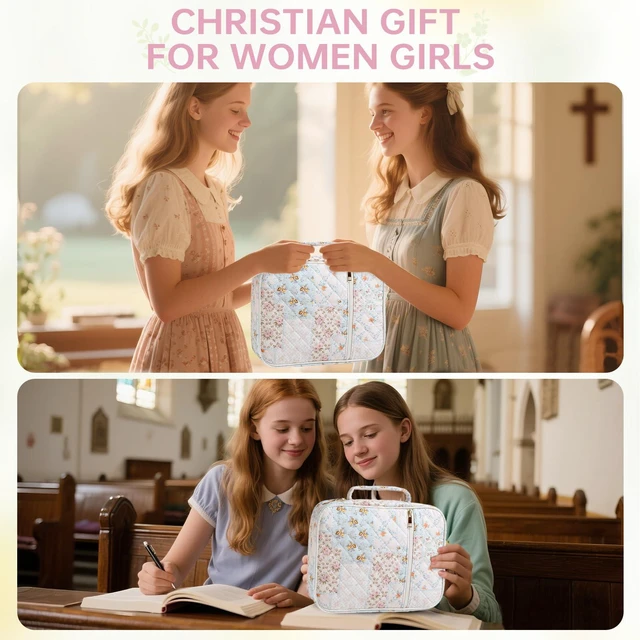Alt view image 6 of 6 - Bible Bag Cover Case for Women Study Supplies Kit Church Book Holder Bible Study Supplies w/ Tabs Pens Portable Church Book Quilted Large Carrying Case Christian Gifts for Women Girls