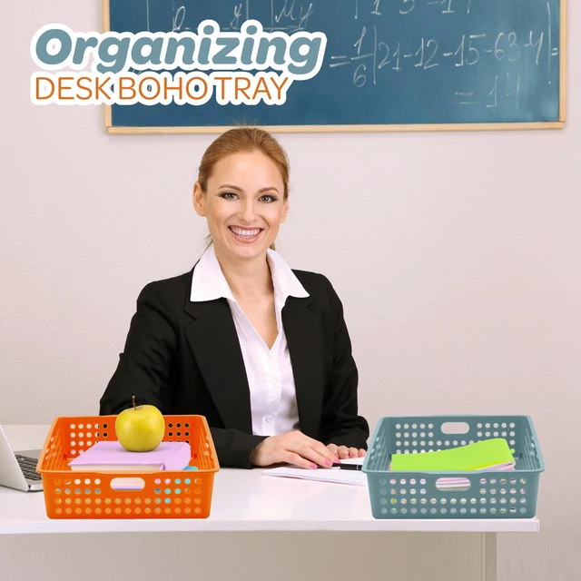 Alt view image 4 of 7 - 6 Pack Classroom Paper Baskets, Organizing Desk Boho Tray for A4 Papers, Classroom Storage Plastic Paper Bins, Fun Turn In Trays for Teachers and Students, Office Desk Room Trays