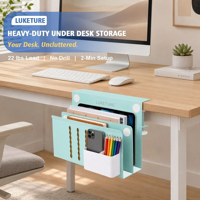 Alt view image 2 of 7 - Desk Side Storage, 2 Tie Laptop Holder No Drill Clamp On Organizer Steel Side Desk Organizer, Clamp on Laptop Mount with Pen Holder, Hanging Storage for Home Office, Fits 0.3" to 2.8"