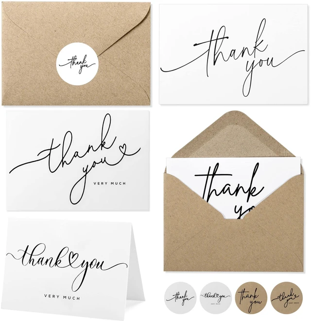 Main image of 100 Bulk Thank You Cards with Kraft Envelopes and stickers - 4 Minimalistic Designs Blank Thank You Notes with Envelopes for business Wedding Bridal Gift Baby Shower Business Graduation
