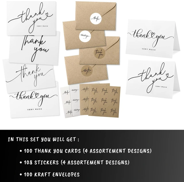 Alt view image 3 of 7 - 100 Bulk Thank You Cards with Kraft Envelopes and stickers - 4 Minimalistic Designs Blank Thank You Notes with Envelopes for business Wedding Bridal Gift Baby Shower Business Graduation