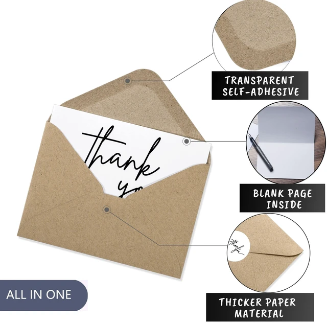 Alt view image 2 of 7 - 100 Bulk Thank You Cards with Kraft Envelopes and stickers - 4 Minimalistic Designs Blank Thank You Notes with Envelopes for business Wedding Bridal Gift Baby Shower Business Graduation