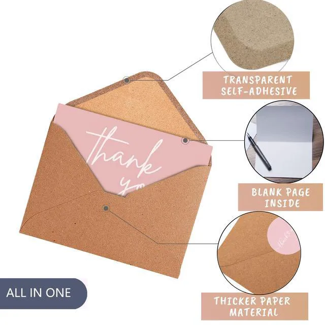 Alt view image 2 of 7 - 100 Bulk Pink Thank You Cards with Kraft Envelopes and stickers - 4 Minimalistic Designs Blank Thank You Notes with Envelopes for business Wedding Bridal Gift Baby Shower Business Graduation