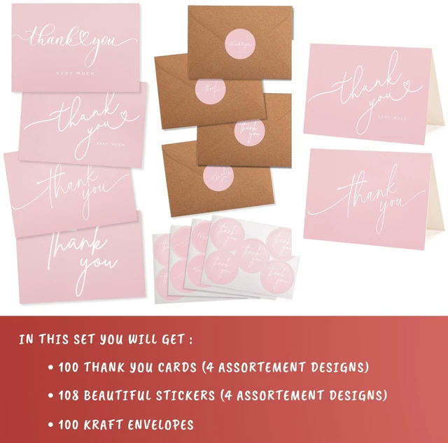 Alt view image 3 of 7 - 100 Bulk Pink Thank You Cards with Kraft Envelopes and stickers - 4 Minimalistic Designs Blank Thank You Notes with Envelopes for business Wedding Bridal Gift Baby Shower Business Graduation