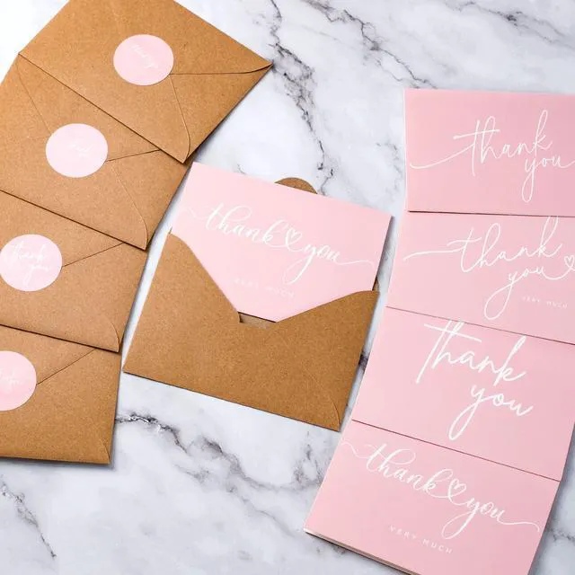 Alt view image 7 of 7 - 100 Bulk Pink Thank You Cards with Kraft Envelopes and stickers - 4 Minimalistic Designs Blank Thank You Notes with Envelopes for business Wedding Bridal Gift Baby Shower Business Graduation