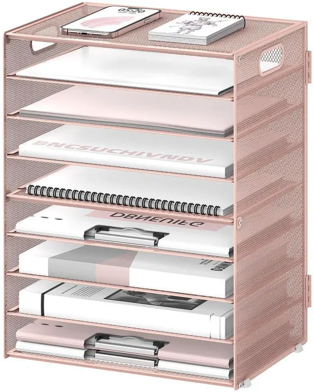 Main image of 9-Tier Paper Organizer for Desk, Metal Mesh Letter Tray with Handles, Pink | Desk File Organizer with Removable Trays for Sorting Files, Folders, Mail and Printer Paper at Home, School or Office